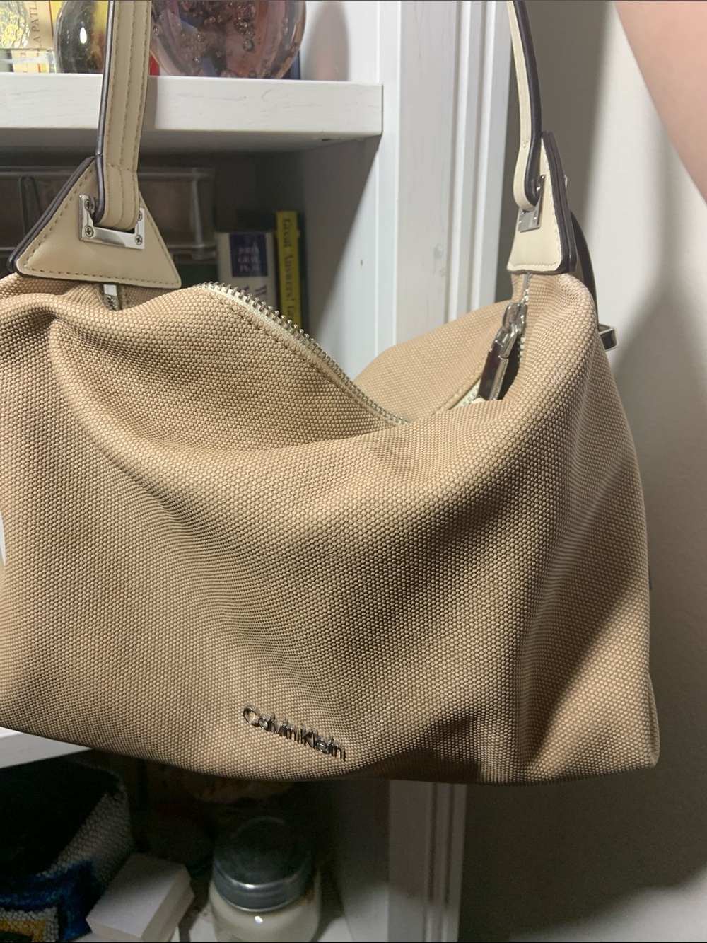 Calvin Klein Tan Canvas Shoulder Bag with Cream Trim